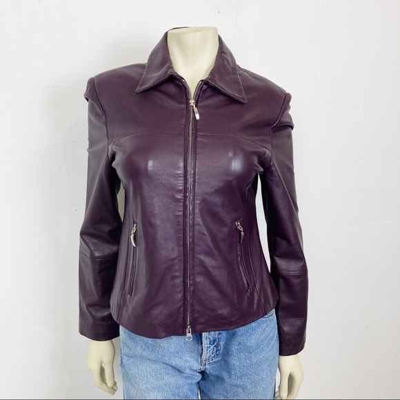 Vintage y2k purple leather jacket plum short cropped minimalist chic fitted - Picture 1 of 15